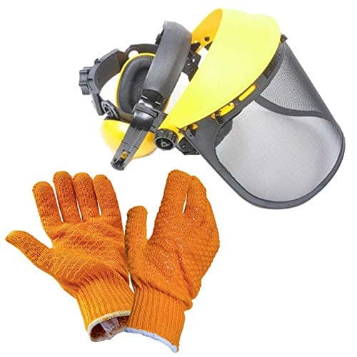 Image of SPARES2GO Helmet Visor & Ear Defenders Safety Kit with Gloves for Hedge Trimmer Strimmer Shredder