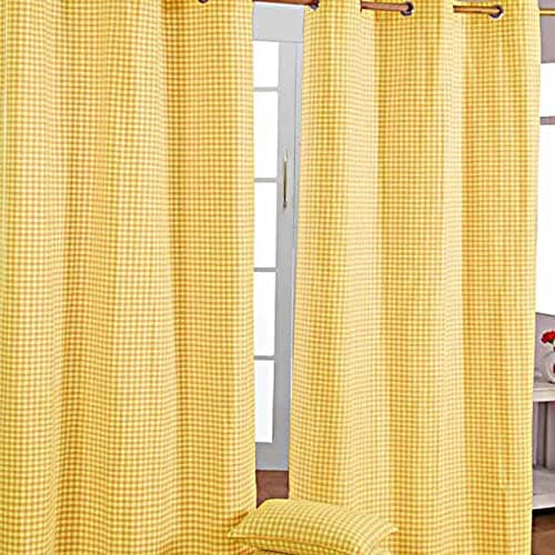 Image of HOMESCAPES Yellow Gingham Check Eyelet Curtain Pair 100% Cotton 117cm (46”) Wide x 137cm (54”) Drop