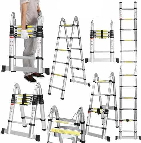 Image of 12.5FT Extendable Aluminium Professional Use Telescoping Ladder Telescopic Folding Ladder Extension 1.9m+1.9m A-Frame 3.8m Ladder with Stabilizer Bar for Building Maintenance Window Cleaning