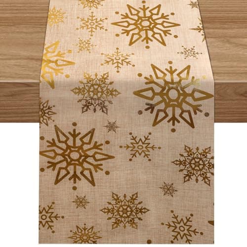 Image of Lemicin Gold Christmas Table Runners - Snowflake Table Runner Christmas Dinner Table Decorations for Seasonal Winter Xmas Kitchen Holiday Party 14 x 72 inch