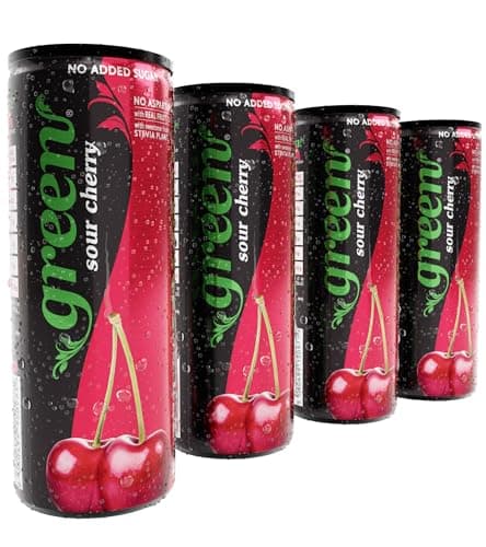 Image of Green Sour Cherry - Low Calorie Soft Drinks - Sparkling Cherry Flavour with 10% Natural Juice - No Added Sugar, Sweetened with Stevia, No Aspartame - Alternative Fizzy Drink - Pack of 4 Cans x 330ml
