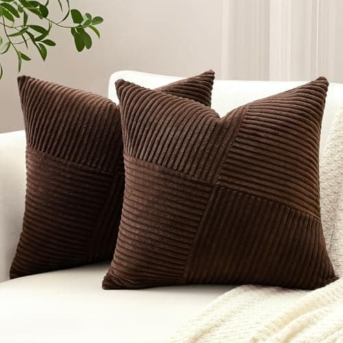 Image of Sungeek Set of 2 Soft Corduroy Decorative Cushion Covers 40x40cm Striped Pinwheel Patchwork Textured Throw Pillow Cases Farmhouse Solid Square Pillow Cover 16x16 Inch for Sofa Bed Couch, Dark Brown