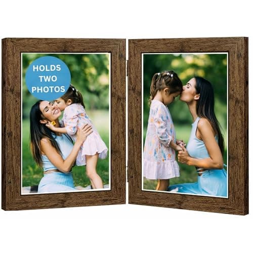 Image of Double Photo Picture Frame 6 x 4, Brown, Holds 2 Photographs, Twin Hinged 6x4 10 x 15 cm Brown Frames 6x4 Photo Frames, 4x6 Photo Collage Gallery Display