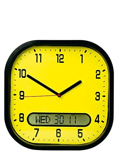 Image of Lifemax High Contrast Day Date Wall Clock - Easy to Read LCD Display Day-Date Clock, Shows Day, Date, Month in UK format, Black Numbers on a Yellow Face, Ideal for Low Vision