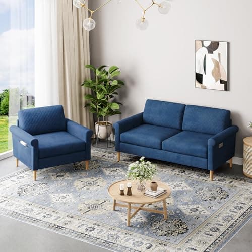 Image of Vesgantti 164cm Fabric Loveseat Sofa Sets, 2 Seater Couch and Armchair with Bilateral Pocket Storage & Removable Cushions, Perfect for Living Room, Bedroom and Office, Tool-free Assembly, Blue
