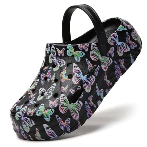 Image of SECHRITE Womens Platform Graphic Clogs Garden Shoes Slip On Sandals Water Beach Outdoor Slippers Shoes Classic Waterproof Comfy Non-Slip Clogs Black Butterfly Print 39