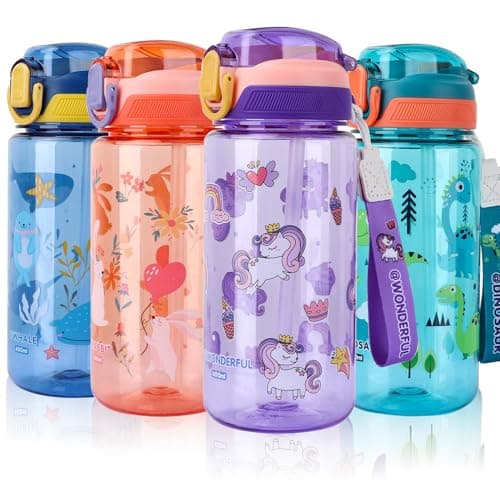 Image of SENBSLAN Kids Water Bottles With Straw,600ml Drinks Bottle for School,Leakproof Children's Bottle BPA free Sport Bottle for Girls Boys (Purple-Unicorn)