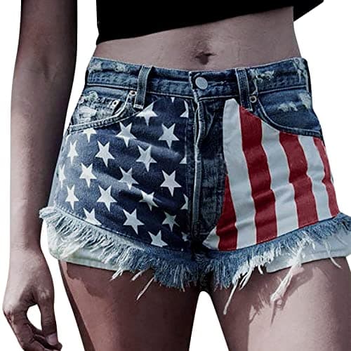Image of Generisch Shorts Women's Summer Shorts Women's Denim Shorts with Ripped American Flag Printed High Waist Frayed Hem Casual Denim Shorts Happy Shorts Boxer Shorts Beer, blue, XL