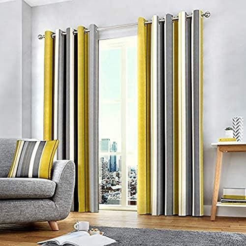 Image of Fusion Whitworth Stripe Eyelet Lined Curtains, Ochre, 66 x 72 Inch