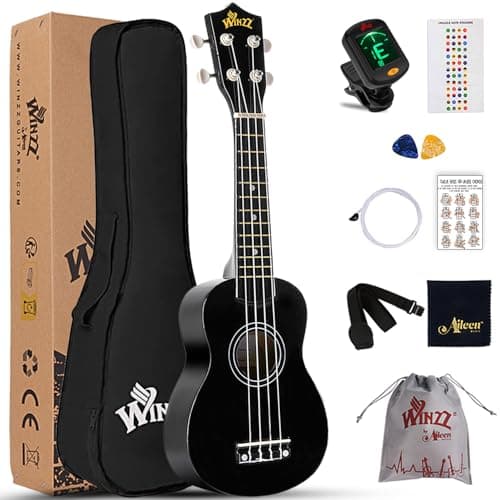Image of Winzz Soprano Ukulele Starter Kit For Beginners with Bag, Clip-On Tuner, Extra Strings, Strap, Plectrum, Fret Stickers, Chords Card, Polishing Cloth, Black