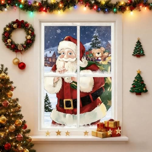 Image of Christmas Window Banner with Santa Claus and Reindeer – Merry Christmas Backdrop for Window Decor, Holiday Photo Booth, Wall Hanging Sign for Xmas & New Year Party (Santa Claus)