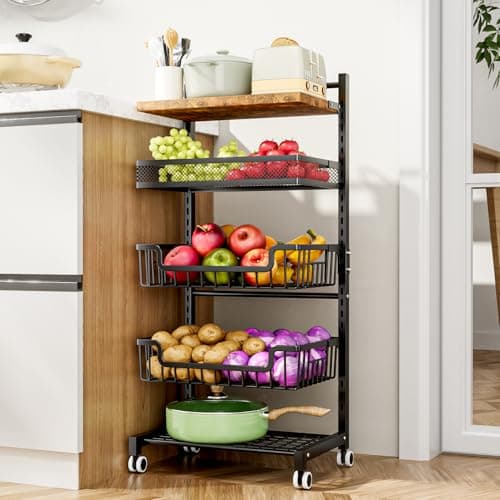 Image of HapiRm Fruit Basket Kitchen Cart - 5 Tier Adjustable Vegetable Storage Rack, Large Capacity Kitchen Storage Trolley Rolling Carts on Wheels for Snack Onion and Potato Storage, Tools Storage
