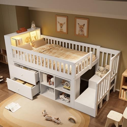 Image of 3ft Single Wooden Storage Beds With Storage Compartments & 2 Drawers & LED Lighting, Solid Pine Wood Cabin Bed Frame, Mid-Sleeper Loft Bed with Stairs and Guard Rail, For Kids Children Teens, White
