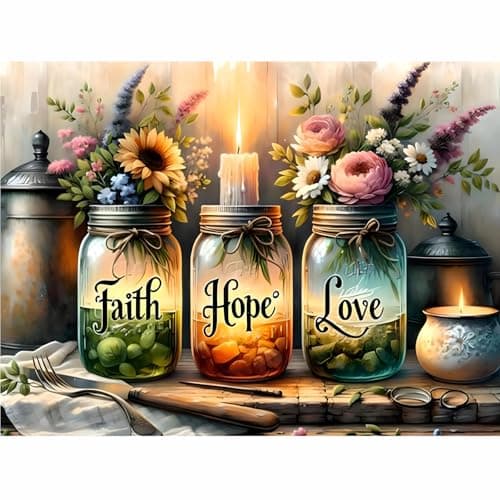 Image of XXXCHENGJIA Cross Stitch Kits for Adults - Faith, Hope, Love Wishing Bottle Stamped Cross Stitching Ornament Kits for Beginners, Counted Embroidery Needlepoint Kit Home Decor 12 x 16 Inch
