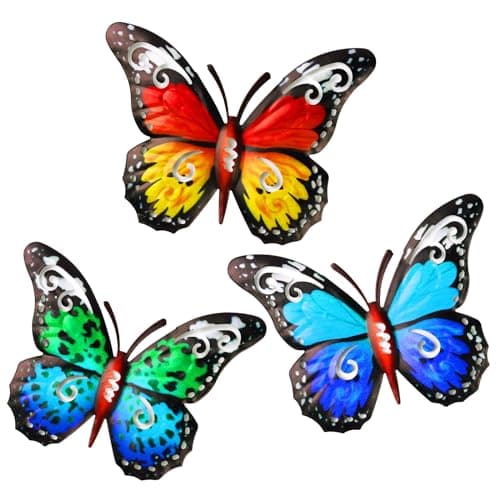 Image of OFFCUP Metal Butterfly Wall Decor, 3 Pack Metal Butterfly Wall Art Decor, Wrought Iron Colorful Butterfly Wall Sculptures, Outdoor Garden Fence Ornaments Hanging for Backyard Porch Patio