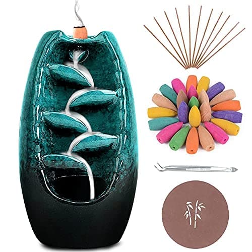 Image of Anbar Backflow Incense Burner with 120 Cones, 30 Sticks, Tongs, and Table Mat, Natural Aromatherapy with Ceramic Smoke Waterfall, Supports Meditation and Relaxation, Home Decor (Blue)