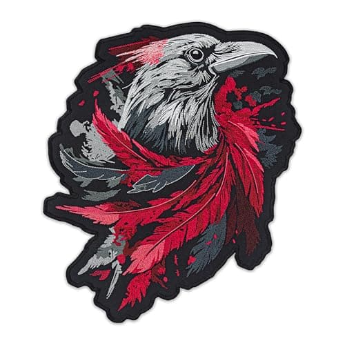 Image of EMBROVERSE Dark Raven Back Patch - Blood Red Feather Gothic Bird, Mystic Corvid Statement, Premium Embroidered Iron-On for Jackets & Crafts, 14.9 x 17.7 inches