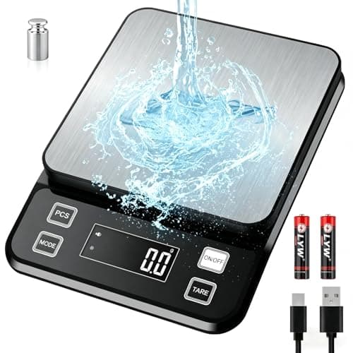 Image of Full Waterproof Kitchen Scales Rechargeable, [0.1g/10kg] Diyife USB Food Scales with Adjustable LCD Display, 10 Units, Tare, PCS Counting, Auto Off, 304 Stainless Steel, Wall Mount for Baking Cooking