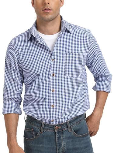 Image of Yukiuiny Men's Classic Plaid Shirts in 100% Cotton, Long Sleeve Checkered Shirts for All Seasons-Small Blue White Check/3XL