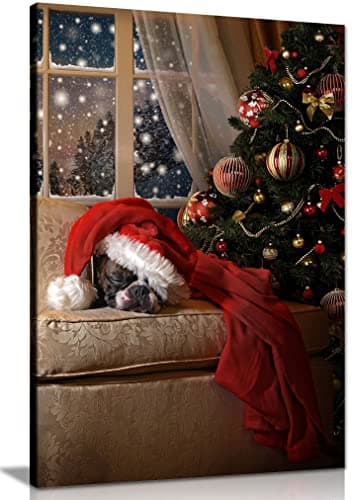 Image of Panther Print Fine Art Prints Dog Waiting for Santa by the Christmas Tree Artistic Framed Canvas Print, Pictures for Home Walls, Bedroom, Living Room & Bathroom Decor 91x61cm (36x24in)