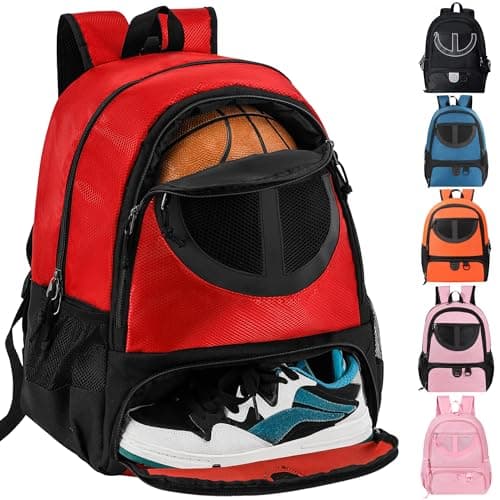 Image of Basketball Bag Backpack for Men Women with Ball & Shoes Compartment 30L Capacity Lightweight Breathable Boys Girls Soccer Ball Bag Backpack Fit Volleyball Football Sports Travel School Gym Red