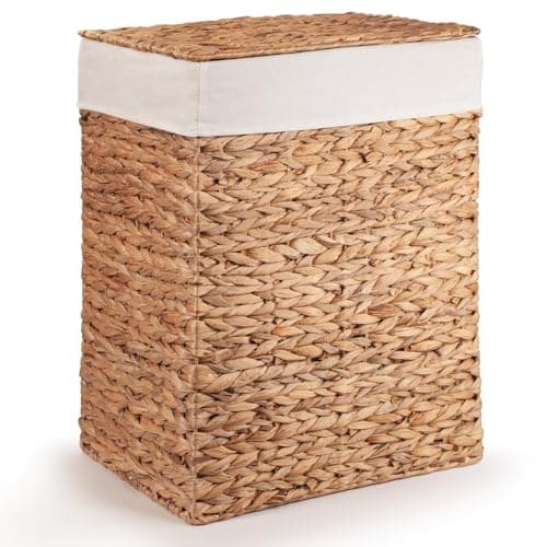 Image of Woodluv Laundry Basket With Lid Large, Water Hyacinth Laundry Hamper, Wicker Bin Storage Organiser, Washing Basket for Dirty Clothes Bathroom, Natural, 44 x 34 x 56 (H) cm