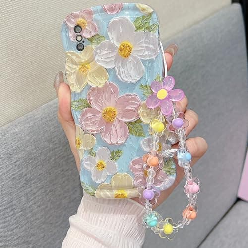 Image of Fxlzcw for iPhone X iPhone Xs Curly Wavy Case, Cute Colorful Retro Oil Painting Flower Glossy Pattern [with Bead Chain], Slim Fit Shockproof Protective Cover for Girls Women (Green)