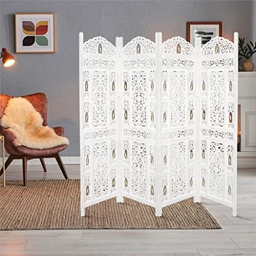 Image of Topfurnishing 4 Panel Room Divider Free Standing Mango Wood Hand Carved Folding Screen Partition Privacy Screen Decorative Headboard (Bells Design, White, 200 x 180 cm)