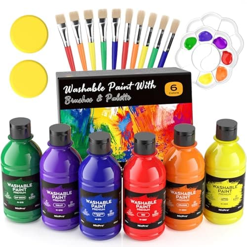 Image of Nicpro 6 Colors Kids Painting Set, Washable Paint for Kids 8.4oz/250ml, Non Toxic Washable Finger Paint with 10 Paintbrushes, Palettes, Sponge, for Toddlers Preschool Children Art Painting Supplies