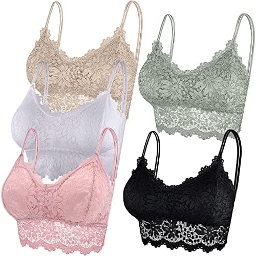Image of Duufin 5 Pcs Lace Bralette Padded Lace Bandeau Bra (Pink, White, Black, Khaki, Olive, Large-X-Large)