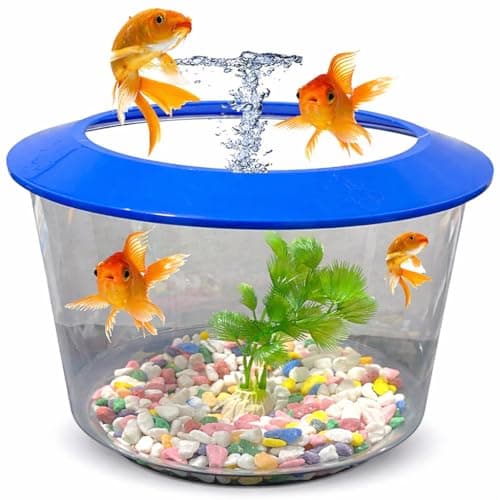 Image of Pet Guru Premium Crystal Clear Fish Bowl Aquarium with Lid, Decorative Gravel and Plant Included, Durable Plastic, Perfect for Goldfish (Blue)