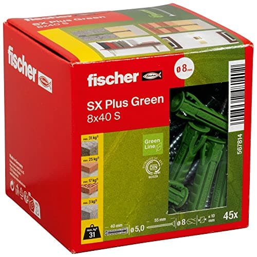 Image of fischer Expansion dowels SX Plus Green 8 x 40 S, Box of 45 Sustainable dowels and Matching Screws, Optimal Hold in Concrete, Solid Brick, aerated Concrete, Perforated Bricks and Much More.