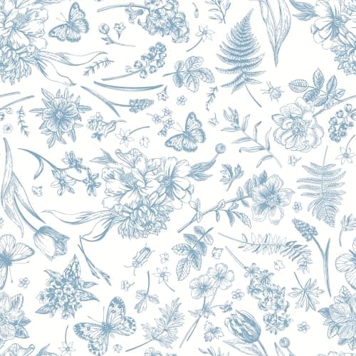 Image of CiCiwind Self Adhesive Wallpaper 44CM×3M White Blue Floral Vinyl Wrap Peel and Stick Wallpaper Flower Leaf Butterfly Stick on Wallpaper Waterproof Sticky Back Plastic for Wall Cabinets Decor