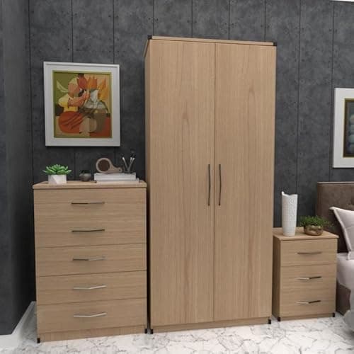 Image of Ready 3-Piece Bedroom Furniture Set, 2-Door Wardrobe 78cm, 5-Drawer Chest 72cm, 3-Drawer Bedside 40cm (Oak)