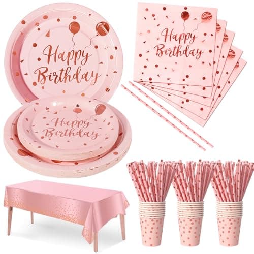Image of Nkaiso Birthday Party Tableware Pink and Rose Gold 121 Pieces Paper Set Includes Plates Napkins Cups Party Decoration Supplies -24 Guests