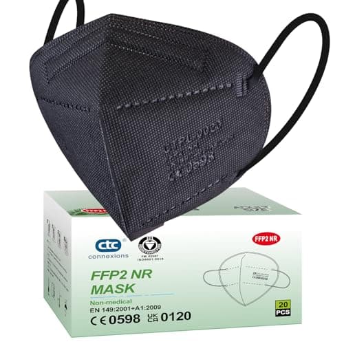 Image of ctc connexions FFP2 Mask Black 20 Pack 5 Layers Protective Face Masks CE0598 Certification Filtration System ≥ 95% Disposable KN95 Masks Individually Packaged…
