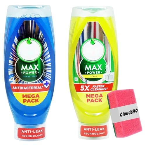 Image of FAIRY's Max Power Washing up Liquid - Anti Bacterial Eucalyptus & Lemon (730ml x 2) with Sponge