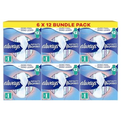 Image of Always Infinity FlexProtect Sanitary Towels, Size 1 Normal, 6 Packs of 12 Count, Unscented, for up to Zero Feel & Zero Leaks, Super Absorbent & Flexible Protection