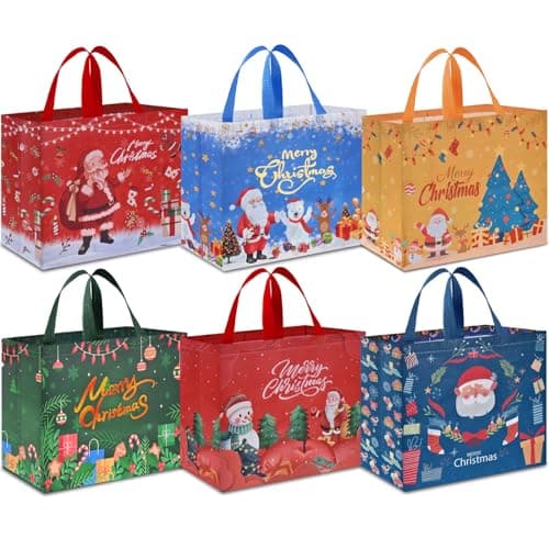 Image of AhfuLife Extra Large Christmas Bags for Gift, 6pcs Reusable Christmas Tote Bags with Handles, Multipack Non-woven Xmas Treat Shopping Bag for Presents Xmas Party Decorations, 40 x 36 x 15cm