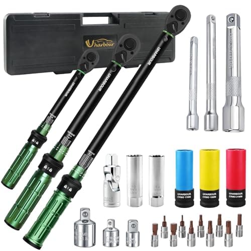 Image of Uharbour Torque Wrench Set 1/4 3/8 1/2, 26 Pieces Torque Wrench Set 3-25, 5-60, 60-330Nm for Car, Motorcycle, Bike, ±3% Accuracy, Includes Spark Plug Sockets, Bits, Adapters and Extension Rods