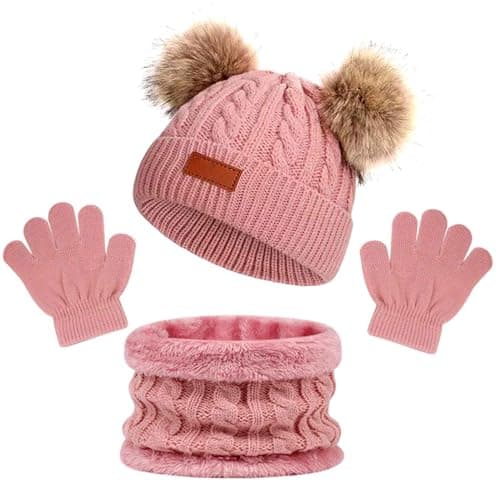 Image of AWAVM 3Pcs Kids Winter Warm Beanie Hat Scarf Gloves Set for 1-5 Years Old Boys Girls. Winter Accessories Sets for Children Outdoor Sports, Knit Thick Warm Fleece Lined Thermal Sets (Pink 1)