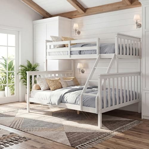 Image of Panana Single Over Double Wooden Bunk Bed Frame, 3FT+4FT6 Triple Sleeper Solid Pine Platform Bed,Can Separated Into Two Individual Beds(White, Triple2)