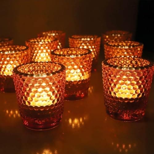Image of Vohocandle Amber Votive Candle Holders Set of 12, Vintage Tealight Holders Glass with Gold Rim for Wedding Home Decor, Glass Tea Light Candle Holders Birthday Gifts for Women(5.5cmL*4.5cmW*6cmH)