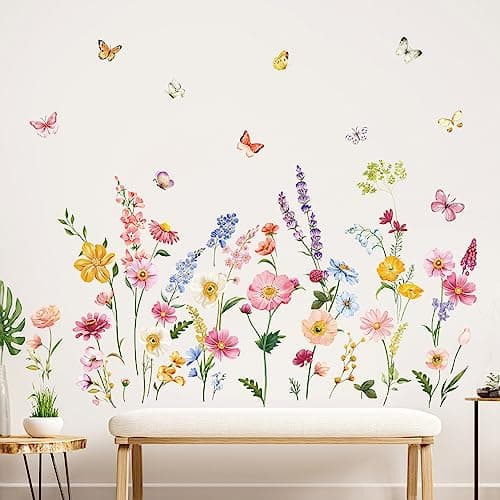 Image of decalmile Summer Garden Flower Wall Decals Daisy Wildflower Grass Butterflies Wall Stickers Bedroom Living Room Home Office Wall Decor