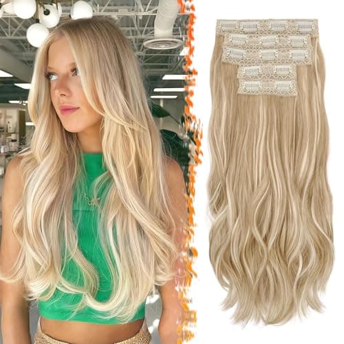 Image of BARSDAR Blonde Clip in Hair Extensions - 20 Inch Loose Wavy Layered Clip in Hair Extensions for Women, 5 PCS Lace Weft Voluminous Easy Wear Soft Synthetic Hairpieces - Medium Blonde Mixed