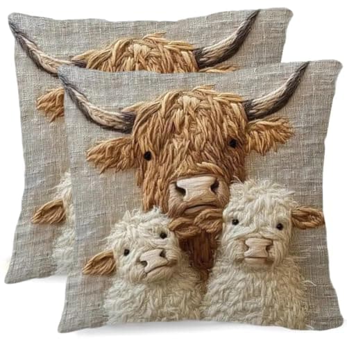 Image of HATFRYF Highland Cow Cushion Covers, 2 Pieces Highland Cow Pattern Pillow Covers, Christmas Pillow Case, Square Xmas Decorative Cushion Covers 18x18 In for Couch Sofa Bedroom Home Decor