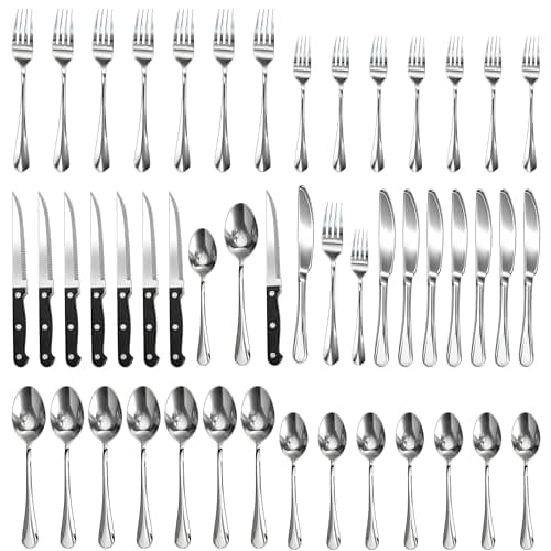 Image of 48 Pieces Cutlery Set for 8 People, Stainless Steel Flatware Set Include Spoon Knife and Fork, Mirror Polished, Dishwasher Safe, Silverware Set for Home and Kitchen