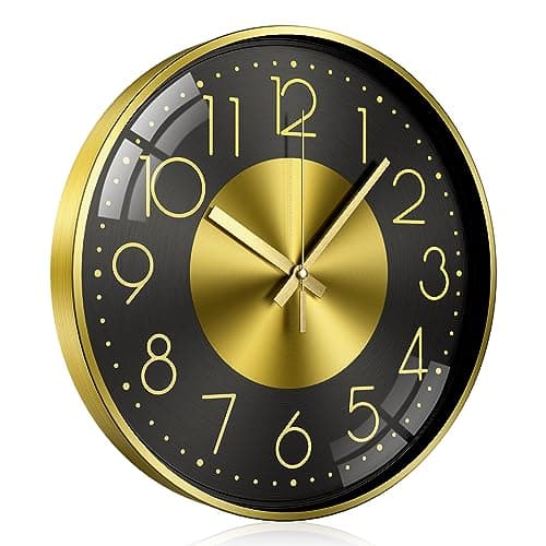 Image of TOKTEKK 12 Inch Wall Clock Silent Non Ticking Battery Operated Round Modern Decorative Arabic Numeral Aluminium Clock for Living Room Bedroom Kitchen Office Black with Gold Number