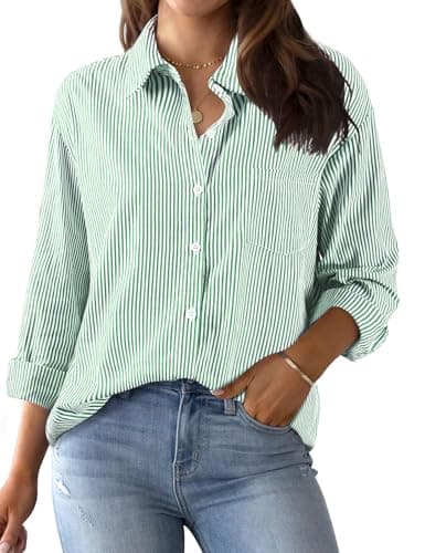 Image of Xnova Women's Striped Button Down Shirts Collared, Classic Cotton Blouse Tops V Neck with Pocket, Long Sleeve Pinstripes Oversized Blouses T-Shirts Office Work Casual (Green, M)