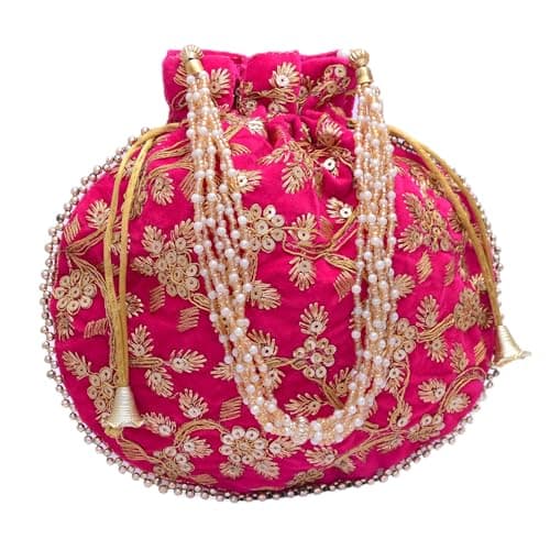 Image of KIYAY Women's Velvet Embroidered Potli Bag Purse Pouch Pack Of 1 Drawstring Bag Clutch Golden Thread Pearls and Beads, Rani Pink, M